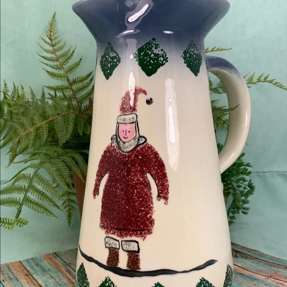 ⭐️Flat Earth Pottery Santa Pitcher Sponge Red Bkue Green 1994 - Picture 2 of 10